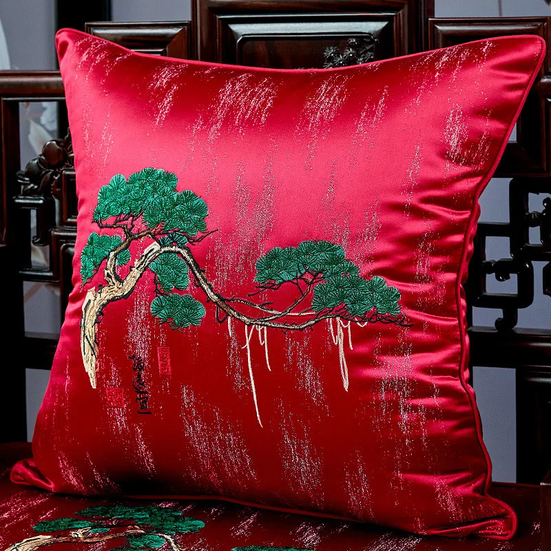 

Chinese Welcome Pine Embroidery Cushion Cover Luxury Chic Car Covers Beige Blue Red Almofada Christmas Decorations For Home Case