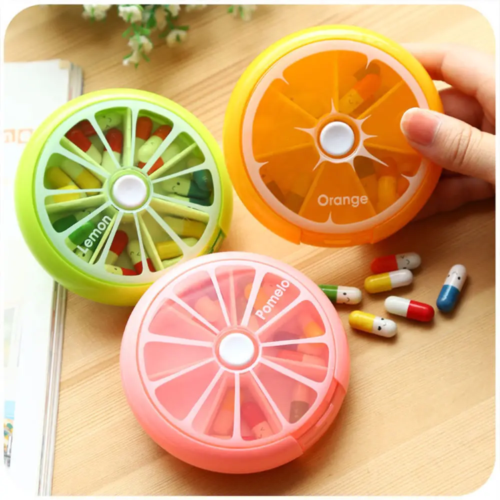 1 pc Fruit Style 7 Grid Seal Rotation Storage Vitamin Medicine Pill Box