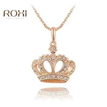 ROXI Long Women Necklace Charms Crown Queen Crystal Necklaces Cute Chain Rose Gold Pandent bijoux femme Jewelry for Women