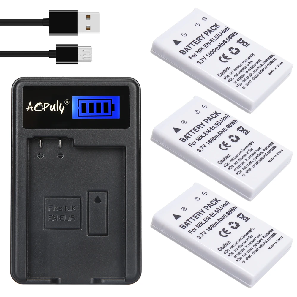 3Pc EN EL5 ENEL5 En El5 Li ion Rechargeable Battery + LCD USB Charger