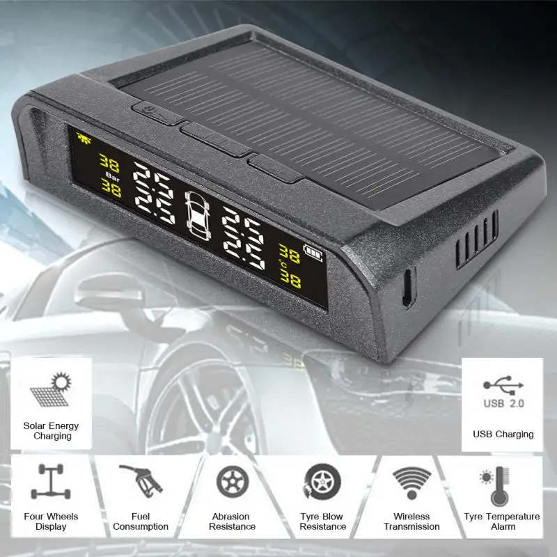 TPMS Matte Solar Powered Car Tire Pressure Temperature Monitor System LCD Display W 4 Sensors