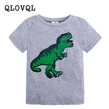 С рисунком и блестками для маленьких мальчиков летняя футболка Для детей Одежда для мальчиков, одежда с коротким рукавом для мальчиков, футболки с изображением динозавра, 2 до 8 лет