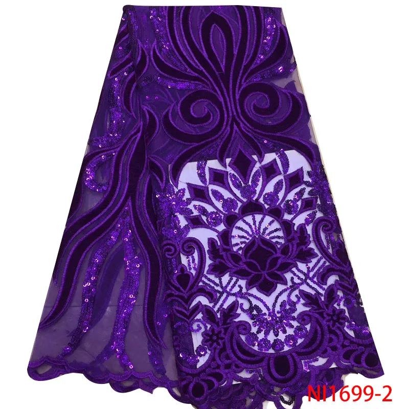 

Purple Velvet Lace with Sequins African French Tulle Lace Fabric New Arrival Sequins Lace Fabrics for Wedding Party Dress NI1699