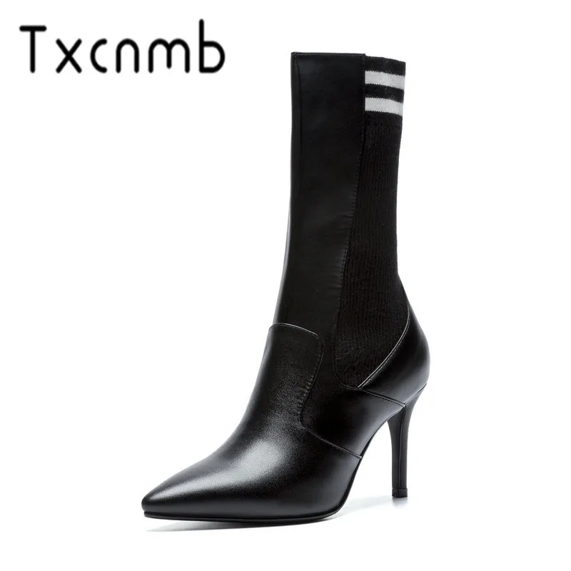 

TXCNMB 2019 Boots Women Genuine Leather Over The Knee Boots Autumn Winter Warm High Heels Shoes Woman Round Toe Boots