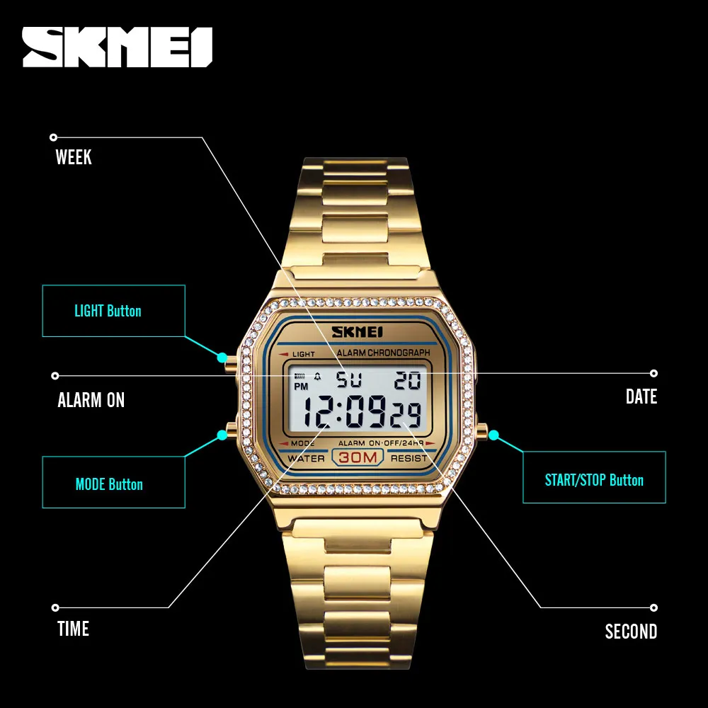 SKMEI новые модные женские часы цифровые часы 30 м водостойкая Неделя дисплей корпус сплав цифровые наручные часы Relogio Feminino 1474