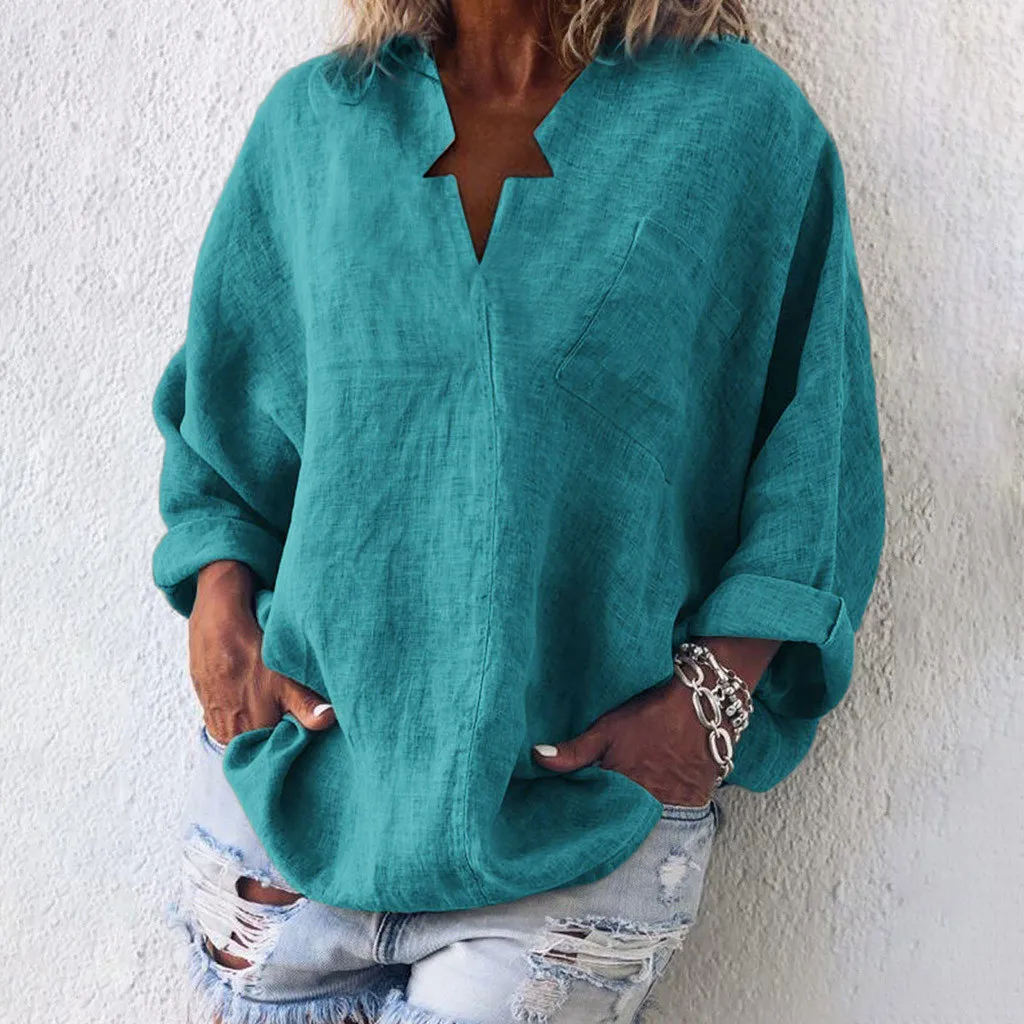 

MUQGEW Women Casual Linen t shirt Plus Size Solid Star V Neck Loose tee Tops Fashion Pocket Shirt Ladie #5