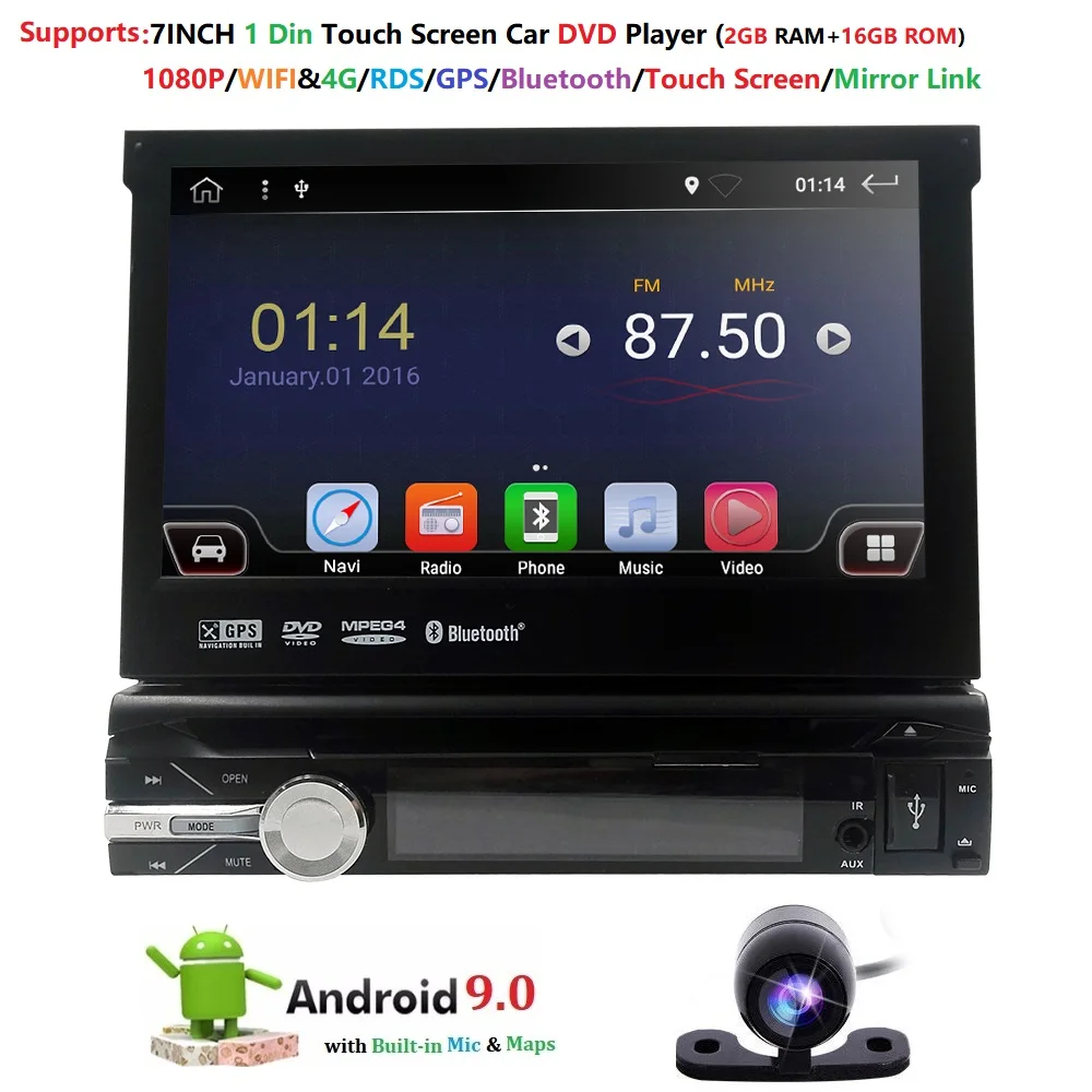 Один 1 Din 7 "Android 9,0 gps флип автомобильный стерео радиоплеер сенсорный экран с USB SD 2 GRAM 4 GWIFI BT SWC RDS DVR dab DVBT MirrorLink