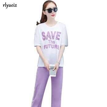 

Rlyaeiz Korean 2 Piece Set Women Sporting Wear 2019 Summer Fashion Sequined Letter Printed T shirts + Pants Female Tracksuit