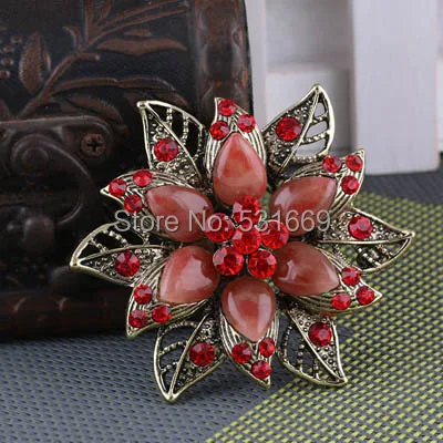 

Vintage Brooches Ancient Gold-Color Resin Brooch Red Rhinestone Flower For Wedding Bridal Collar Clip Scarf Buckle Hijab Pins