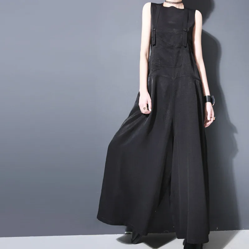 

Johnature New Streetweat Style 2019 Spring Summe Overalls Wide Leg Pants Solid Color Full-length Button Pockets Women Pants