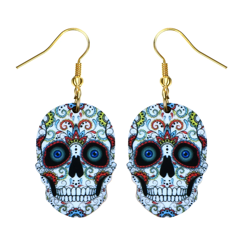 ANRUIW7 Drop Skull Head Earrings Dangle Long Acrylic Pattern Earring
