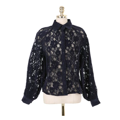 black blouse Качественная однобортная кружевная рубашка, женская модная блуза с рукавами-фонариками+ Асимметричная юбка, элегантный костюм OL C1739 - Цвет: black blouse
