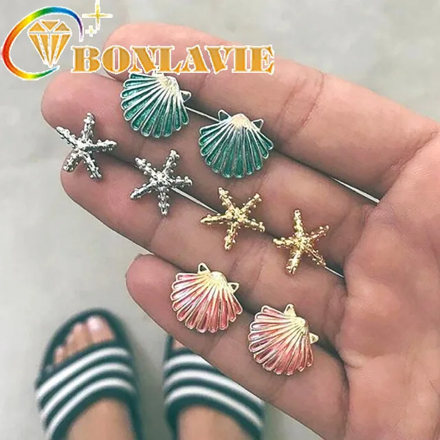 

New Temperament 4 Pcs/pairs Bohemia Ear Nail Suit Symmetric Starfish Shell Eardrop Colourful Earrings For Woman Dropshipping
