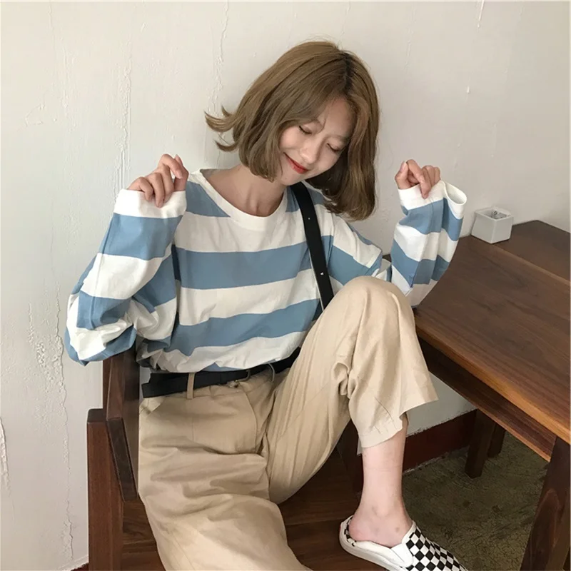 Корейская безразмерная полосатая футболка harajuku женские футболки с длинным рукавом осенние ulzzang kawaii розовые синие Черные базовые футболки повседневные топы