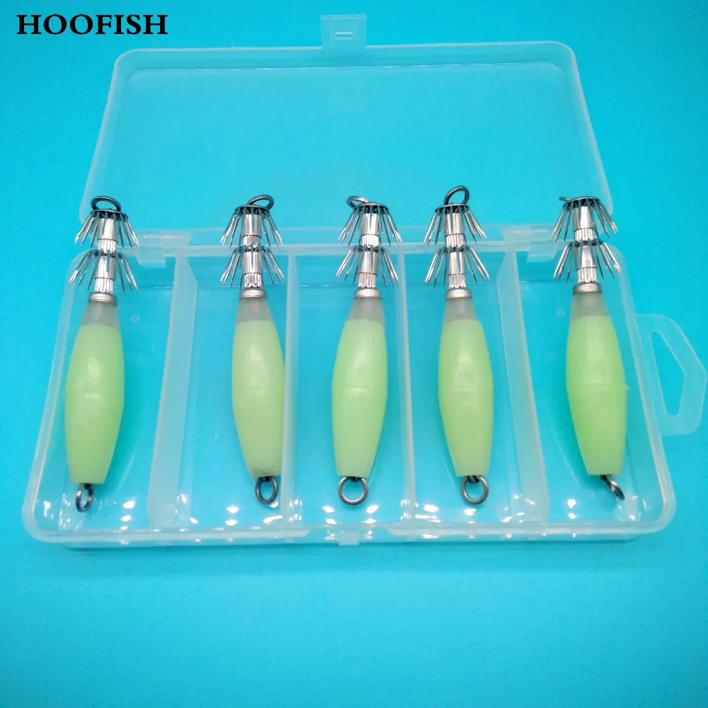 HOOFISH 5pcs/lot Fluorescent Squid 14g/9cm luminated sea fishing