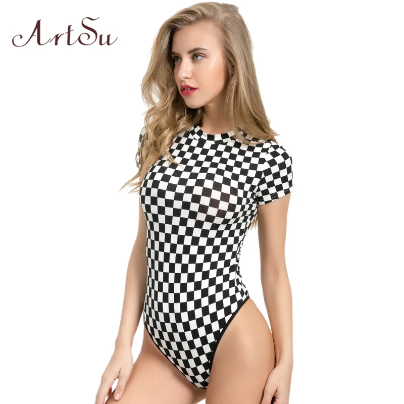 ArtSu النساء مثير ارتداءها القطن منقوشة قصيرة الأكمام الشارع الشهير س الرقبة الأسود Bodycon الإناث الجسم رومبير جديد بذلة ASJU41118