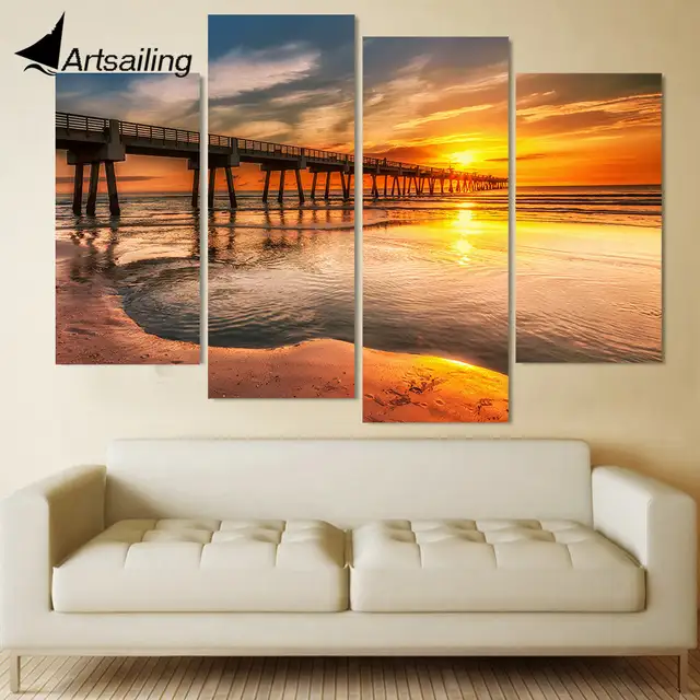 911 40 De Réduction4 Pièce Toile Art Toile Peinture Coucher De Soleil Pont Mer Hd Imprimé Mur Art Décor à La Maison Affiche Mur Photos Pour Salon