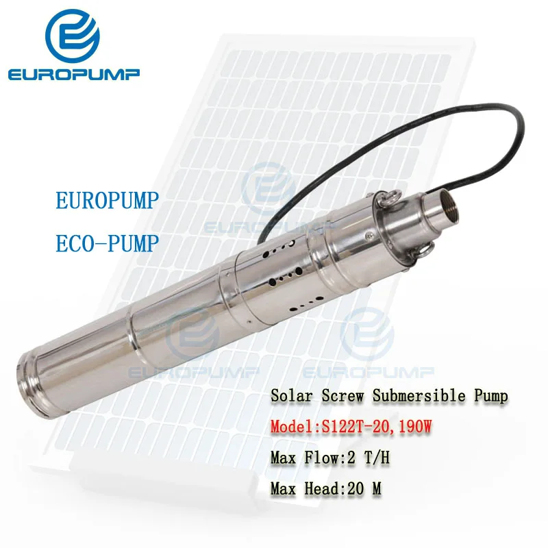 

Модель EUROPUMP (S122T-20), 3 дюйма, 12 В постоянного тока, подъем 20 м, 2000 л/ч, Погружной Солнечный водяной насос для глубоких скважин и домашнего водоснабжения