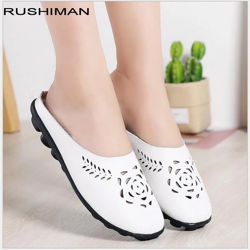 

RUSHIMAN handmade genuine leather women shoes summer sandals women slippers top quality flip flops slides flats sandals