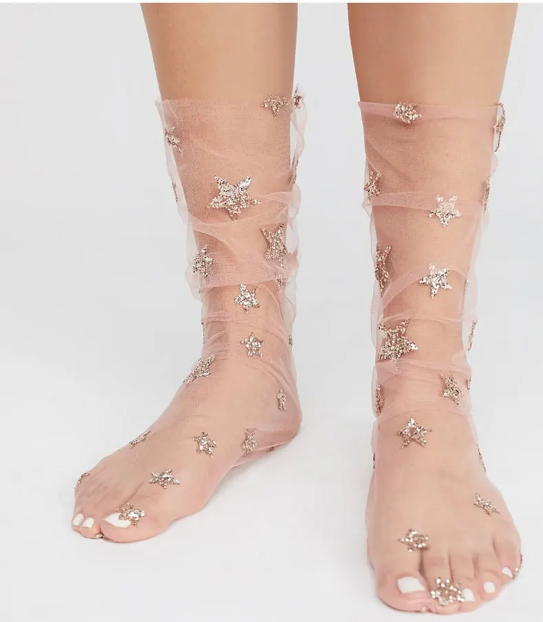 Новые летние блестящие тюлевые носки со звездами женские газовые носки корейские сексуальные женские прозрачные шелковые ультратонкие кружевные пятиконечные носки с дизайном «звёзды» подарок