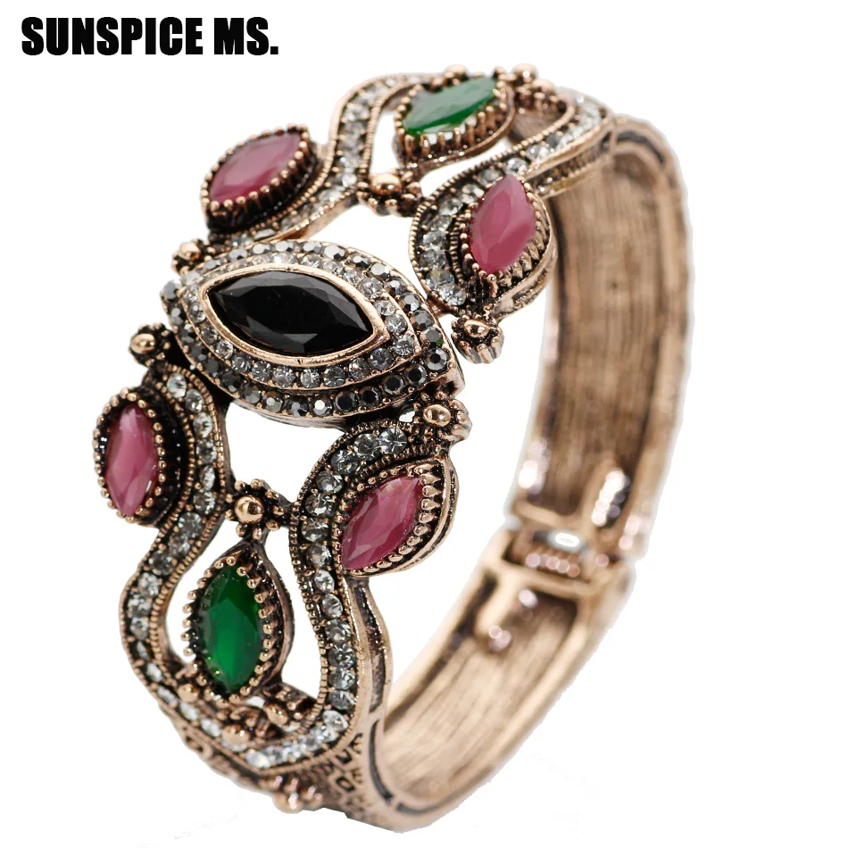 

SUNSPICE MS Retro Vintage Turkish Women Charm Bangle Bracelet Antique Gold Color Broadside Cuff BOHO Ethnic Wedding Jewerly Gift