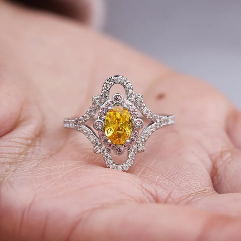 Female Gold Plating Oval Double Colors Green Yellow Zircon Big Flower Surface Ring Full Rhinestone Wedding Engagement Jewelry | Украшения и