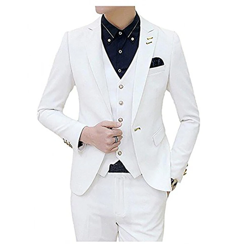 

Mens White Slim Fit 3 Piece Suit Wedding Peak Lapel Formal Business Casual Grooms Evening Blazer Dinner Prom Single Breasted