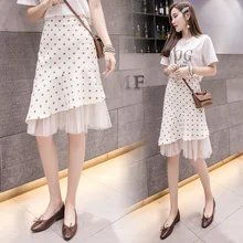 1558 модная юбка-русалка, женская шифоновая юбка миди в горошек с принтом, Летняя асимметричная плиссированная сетчатая юбка с оборками для девушек