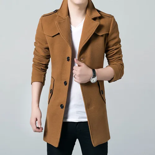 Модные мужские шерстяные Длинные куртки, пальто, шерстяные мужские однобортные повседневные куртки из смешанной ткани, длинные зимние мужские шерстяные пальто - Цвет: CAMEL