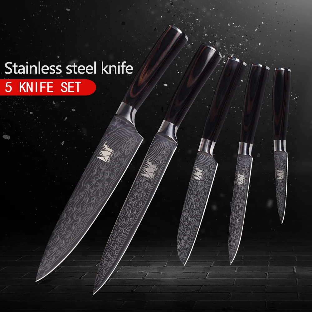 

XYj 5pcs Set Kitchen Knives Stainless Steel Knives Pretty Veins Patterned Cooking Tools Fruit Utility Santoku Slicing Chef Knife