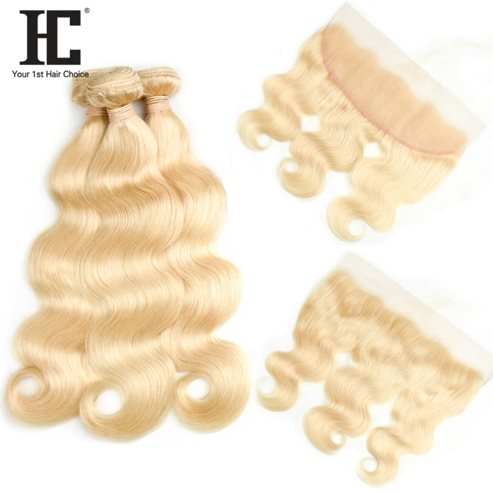 

HC Brazilian Body Wave Hair Weave 3 Bundles With Frontal Closure 613 Blonde Human Hair Bundles With Pre Plucked Frontal Remy