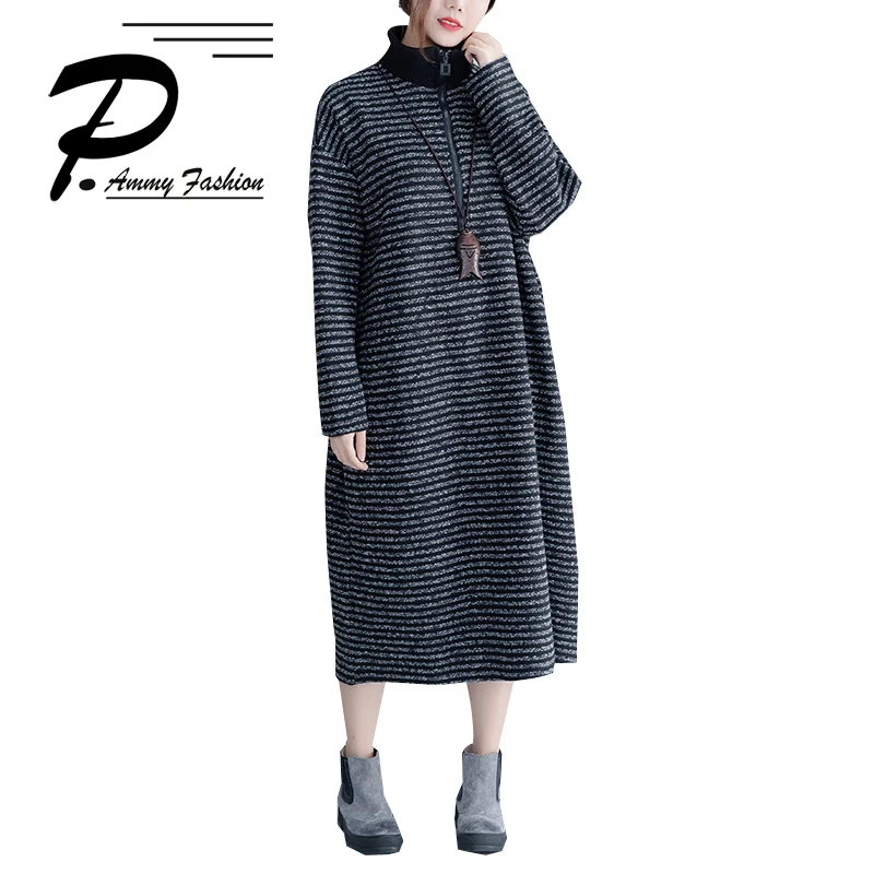 

2018 Winter Warm Black gray stitching striped zipper in the loose dress Women Turtleneck Thicken Long Sleeve Oversized Pullover