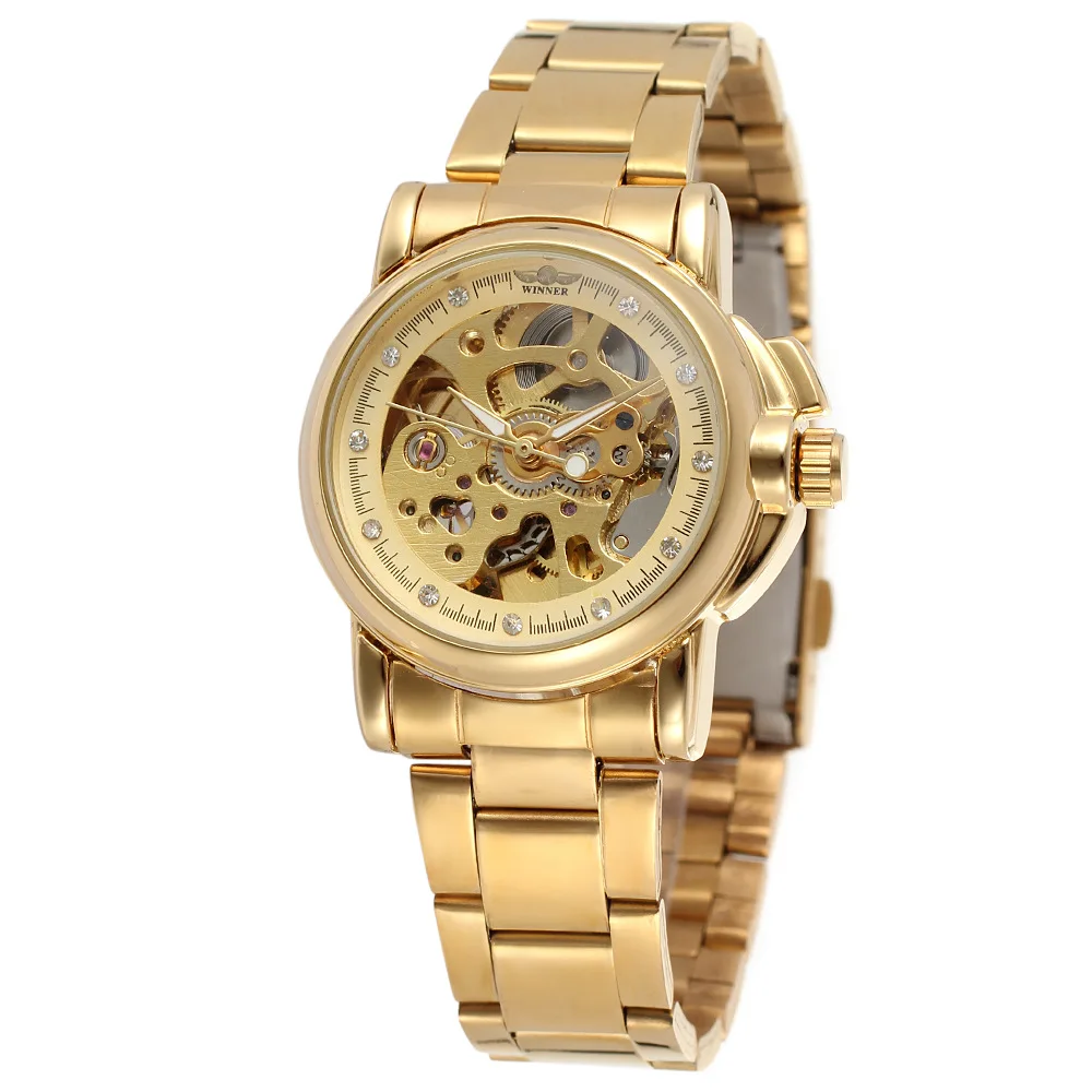 Победитель для женщин Элитный бренд часы повседневное дизайнерская рамка дамы сталь часы автоматический деловые reloj mujer saat - Цвет: Gold Gold