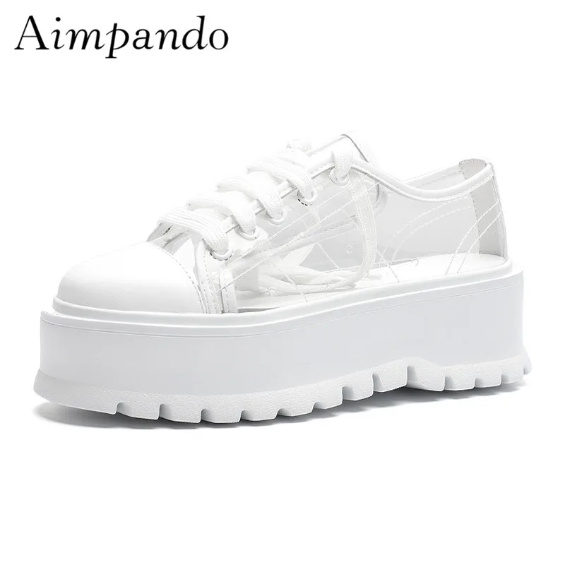 

PVC Transparent Flat Platform Shoes Fashion All Matched With Colorful Sock Decor Cross Tied Casual Shoes Woman