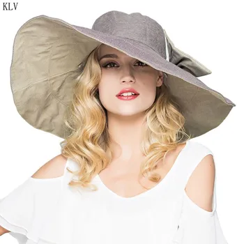 

Womens UPF 50+ Foldable Floppy Reversible Ultra Large Wide Brim Beach Sun Hat Contrast Color Bucket Cap With Detachable Bowknot