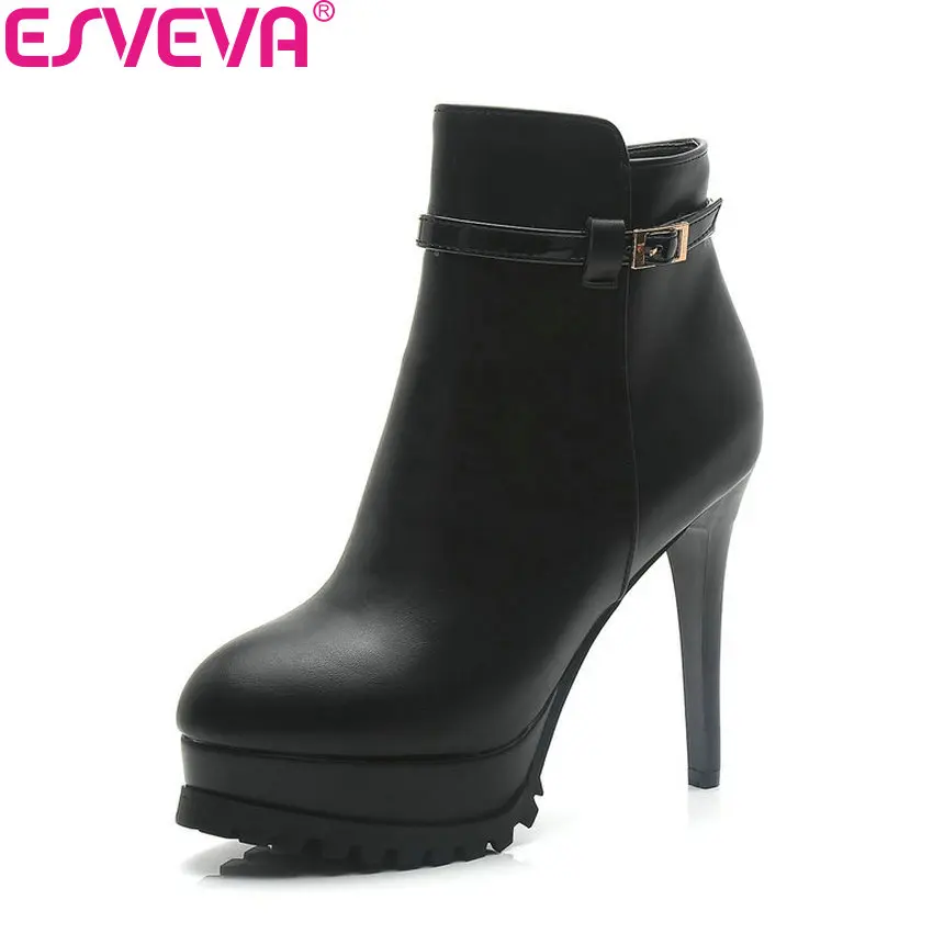 

ESVEVA 2018 Women Boots Thin Heels Decoration Buckle Ankle Boots Warm Fur Out Door Flock/PU High Heel Boots for Women Size 34-40