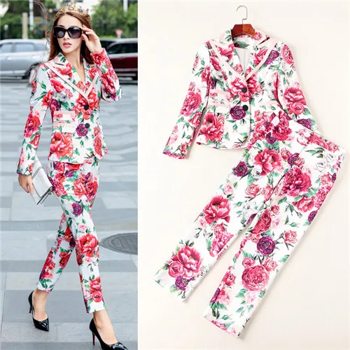 Designer Autumn Suit Women's High Quality Long Sleeve 3D Floral Printed Casual Blazer + Pant