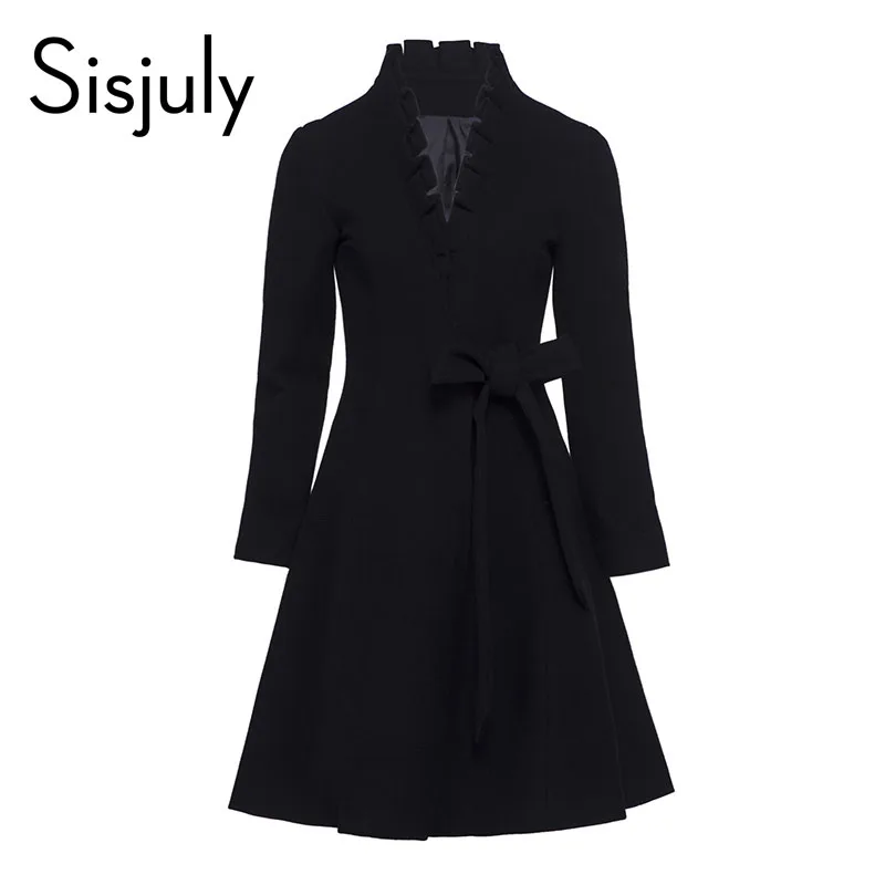 Sisjuly зима черный женщины пальто шерсть оборками куртка пояса с длинным рукавом куртка пальто средней длины новое прибытие твердые пальто