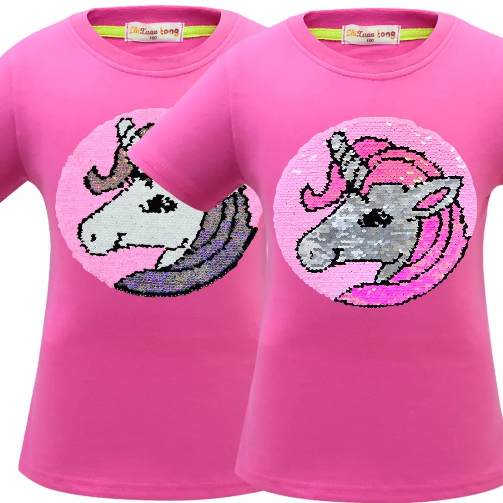 Цветная футболка с блестками для девочек детские двухсторонние футболки с единорогом и звездами детские топы, футболки с блестками