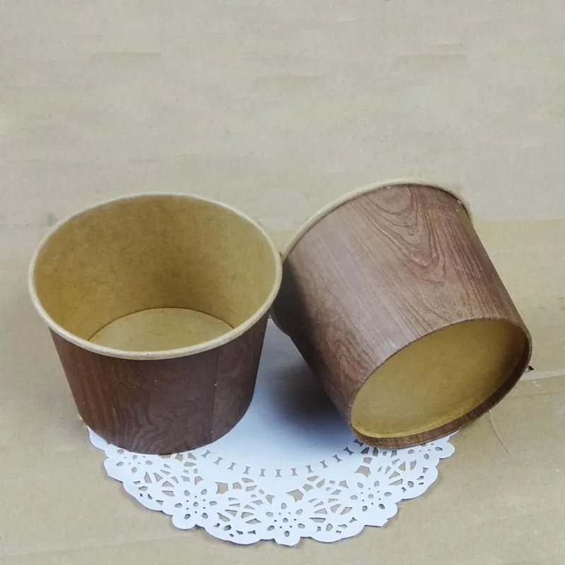Free shipping wood grain cowhide card ice cream paper cup cake cups with transparent cover