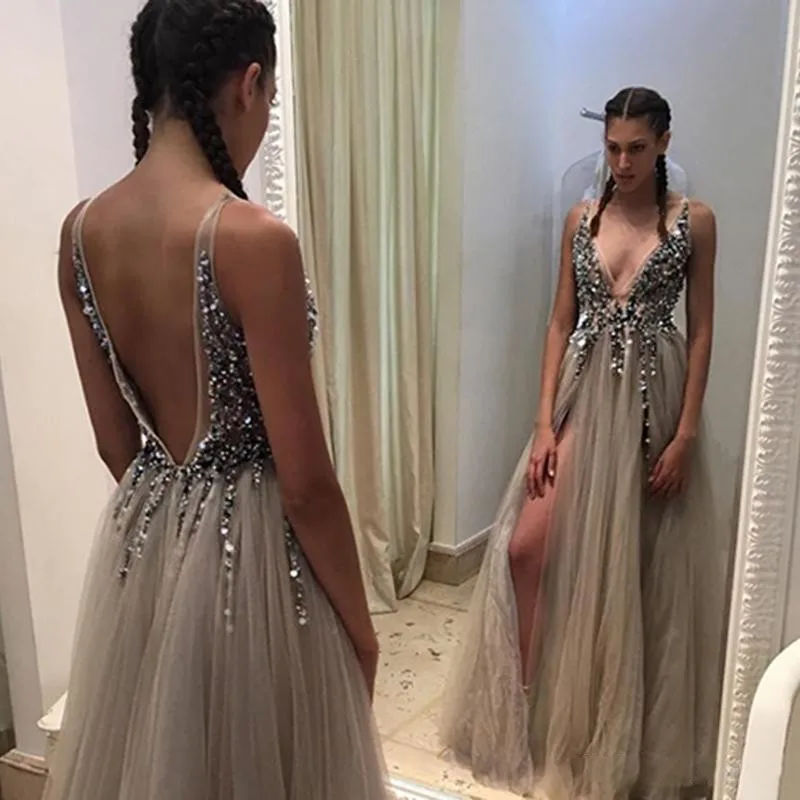 

2019 New V Neck Slit Prom Dresses Plunging Neckline Crystal Prom Gowns Custom made Tulle Prom Party Dress Real Pictures
