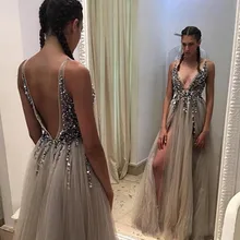 2019 New V Neck Slit Prom Dresses Plunging Neckline Crystal Prom Gowns Custom made Tulle Prom Party Dress Real Pictures plunging v neckline zip back dress