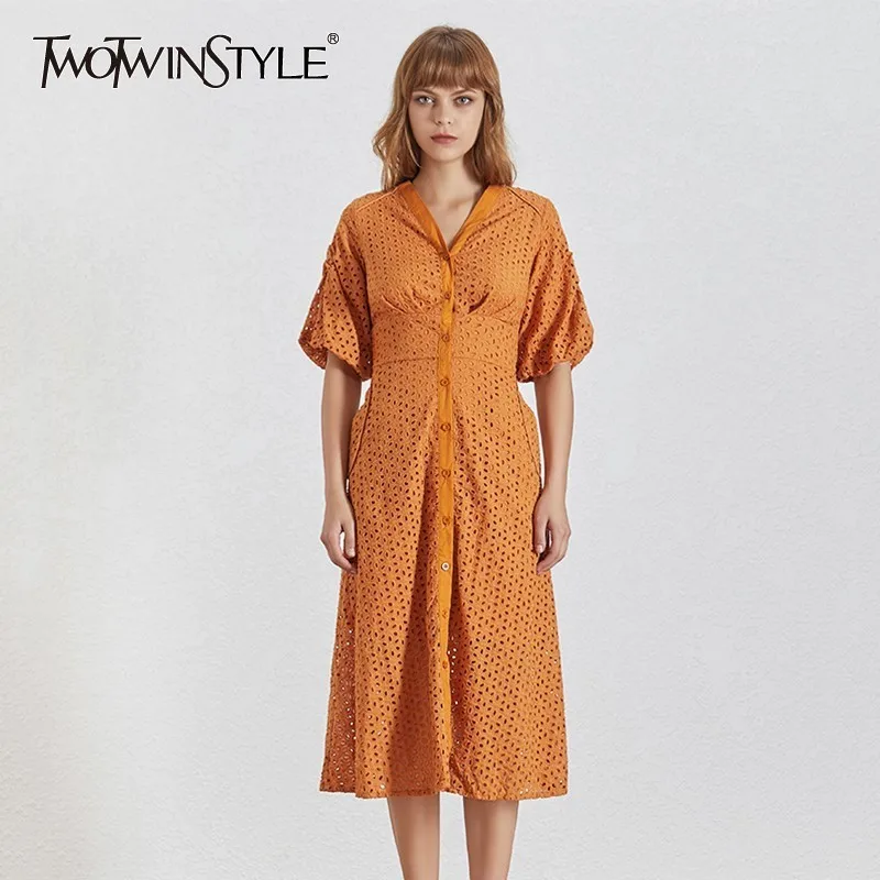 

TWOTWINSTYLE Vintage Hollow Out Women Dress V Neck Puff Sleeve High Waist Button Midi Dresses Female Fashion Summer 2019 New