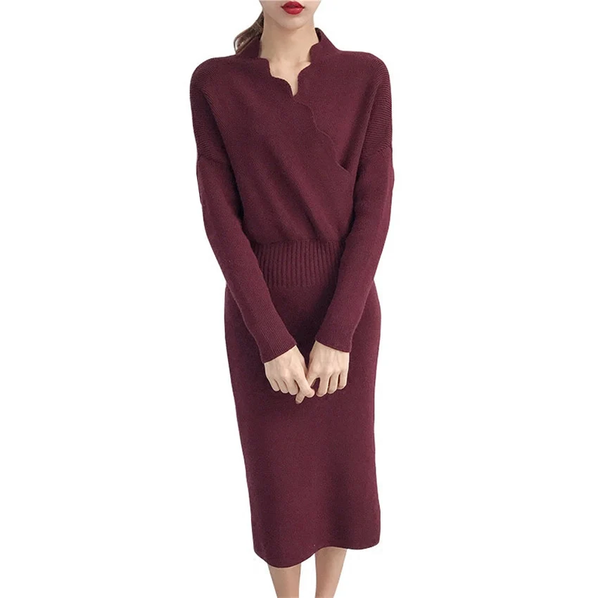 

Autumn Winter Slim Knitted Sweater Long Dresses Sexy Sheath Bodycon Pencil Dress Mid-Calf Ruffles Slash Neck V-Neck Dress Mw017