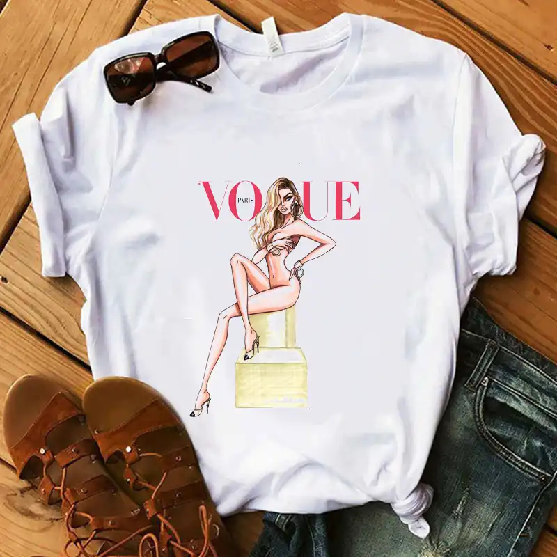 Paris Style T Shirt Girl Dress Drawing Vogue Summer White T