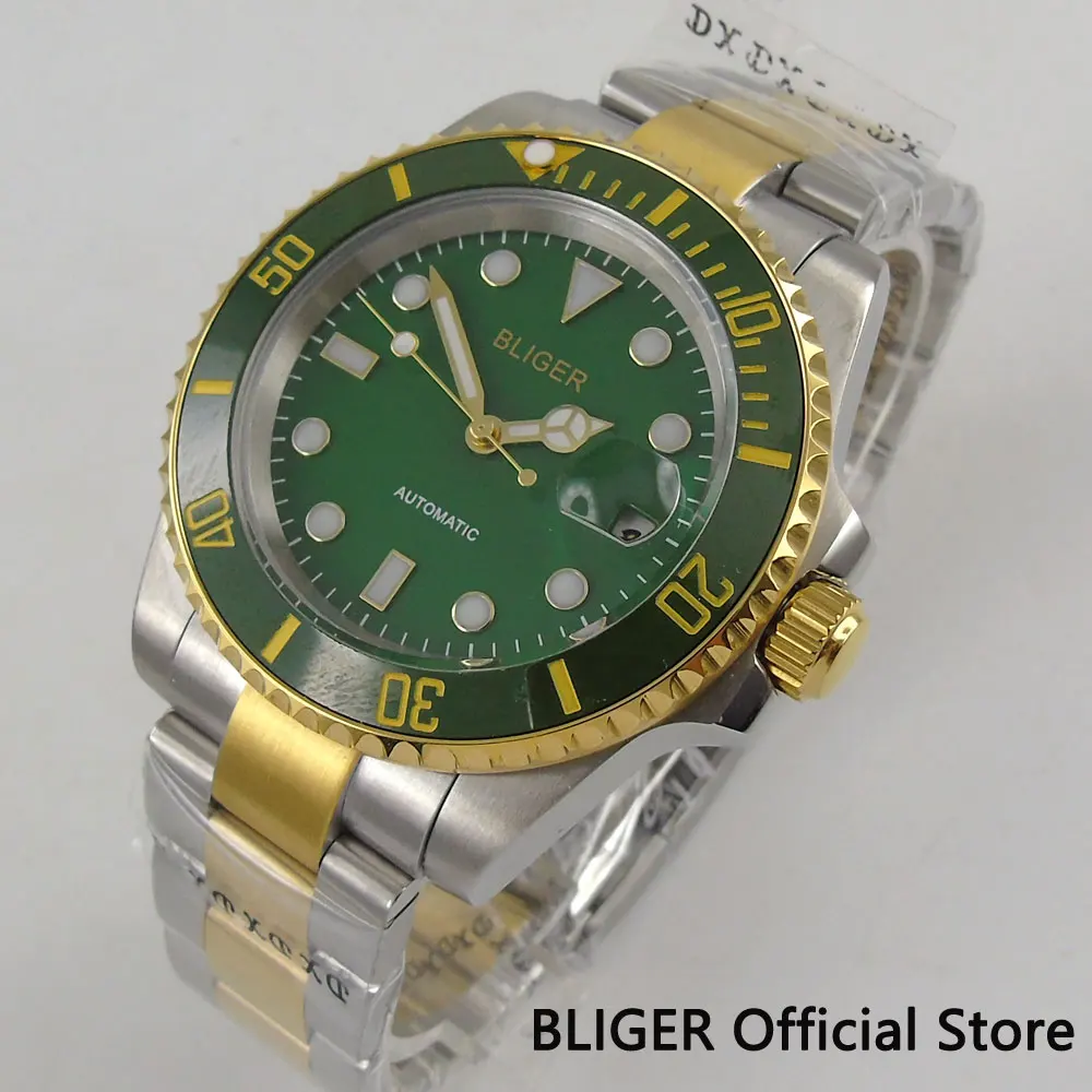 

Sapphire Crystal BLIGER 40MM Green Dial Ceramic Bezel Golden Plated Case Luminous Marks Miyota Automatic Movement Men's Watch