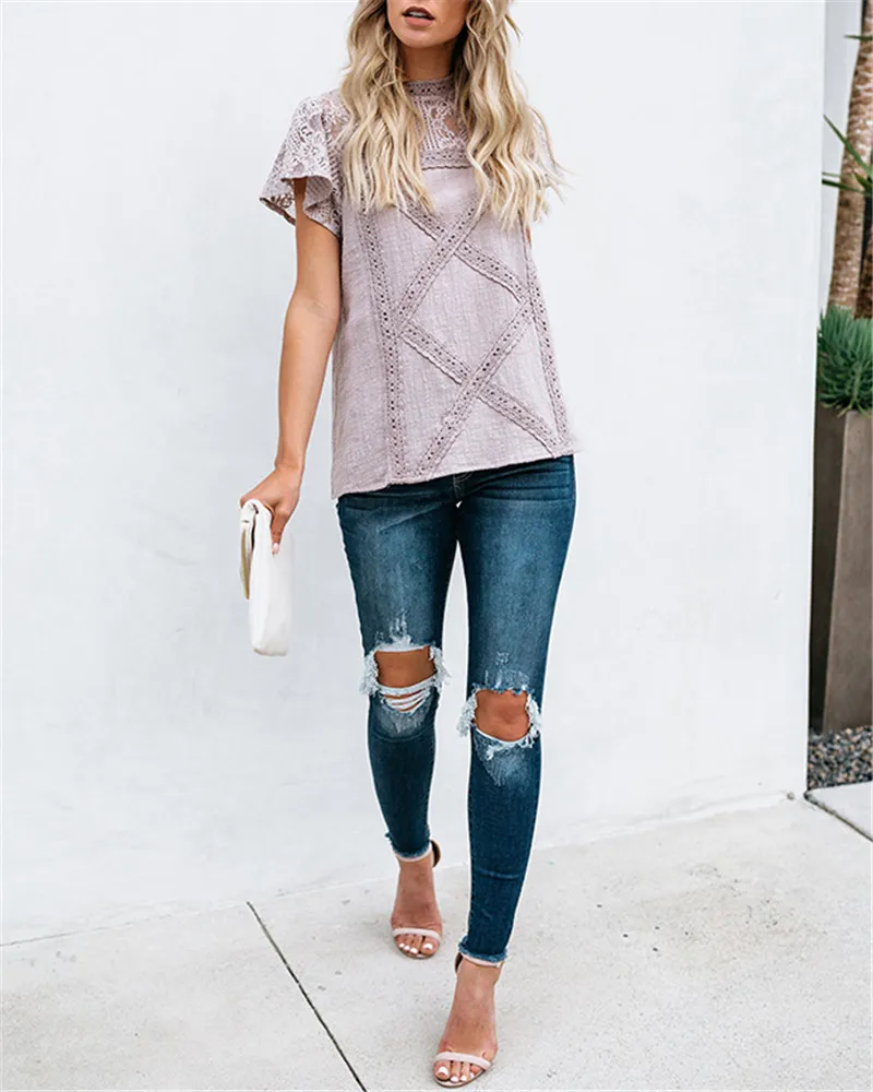 Gladiolus Lace Summer T Shirt Women Short Sleeve O-Neck Geometric Pattern T-Shirt Women Tops 2019 Spring Ladies Lace Tshirts (25)