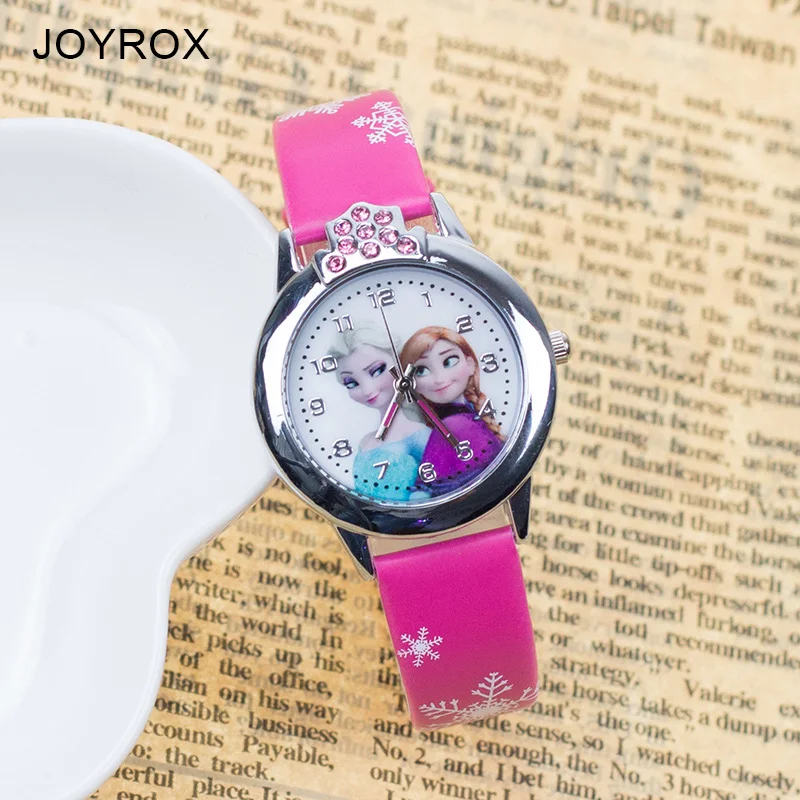 JOYROX Горячие принцессы Эльзы детские часы моды кристалла мультфильм Кожаный ремешок кварцевые наручные часы Повседневное девушки дети часы