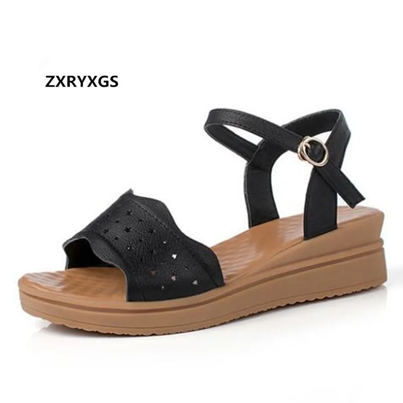 

2019 New Large Size Wild Flat Wedges Comfortable Open Shoes Woman Casual Sandals Genuine Leather Sandals Women Shoes Sandals