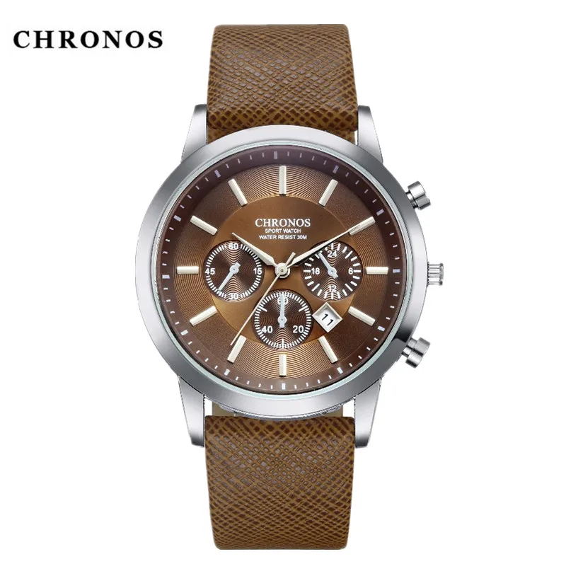 CHRONOS Men's Watch Top Brand Luxury Sport Watch Men Watch Leather Strap Calendar Watches Men Leather Band Clock erkek kol saati